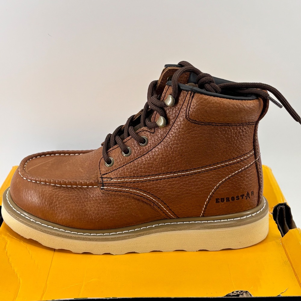 Eurostar Tito Work Boots Mens 6.5 Tan Leather Moc Toe Wedge Sole EU6505